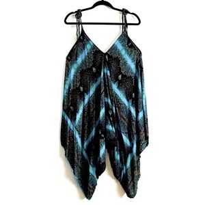 Boho Peacock Feather Print Style Oversized Double V-Neck Asymmetrical Romper